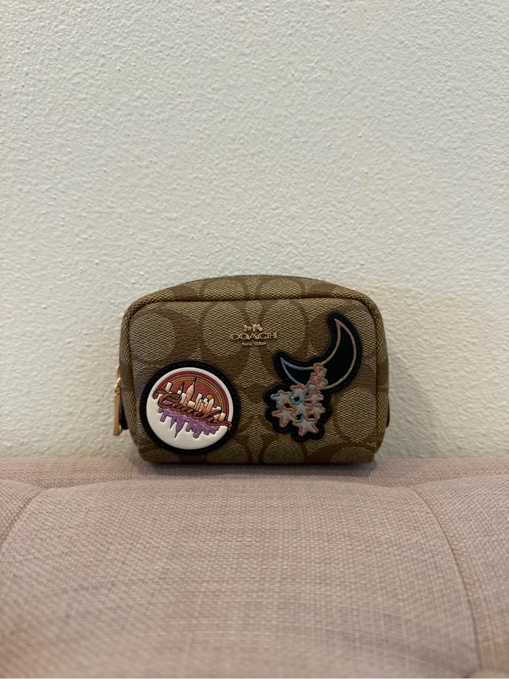 Coach Pouch Monogram Tan with Patches - Picture 1 of 9